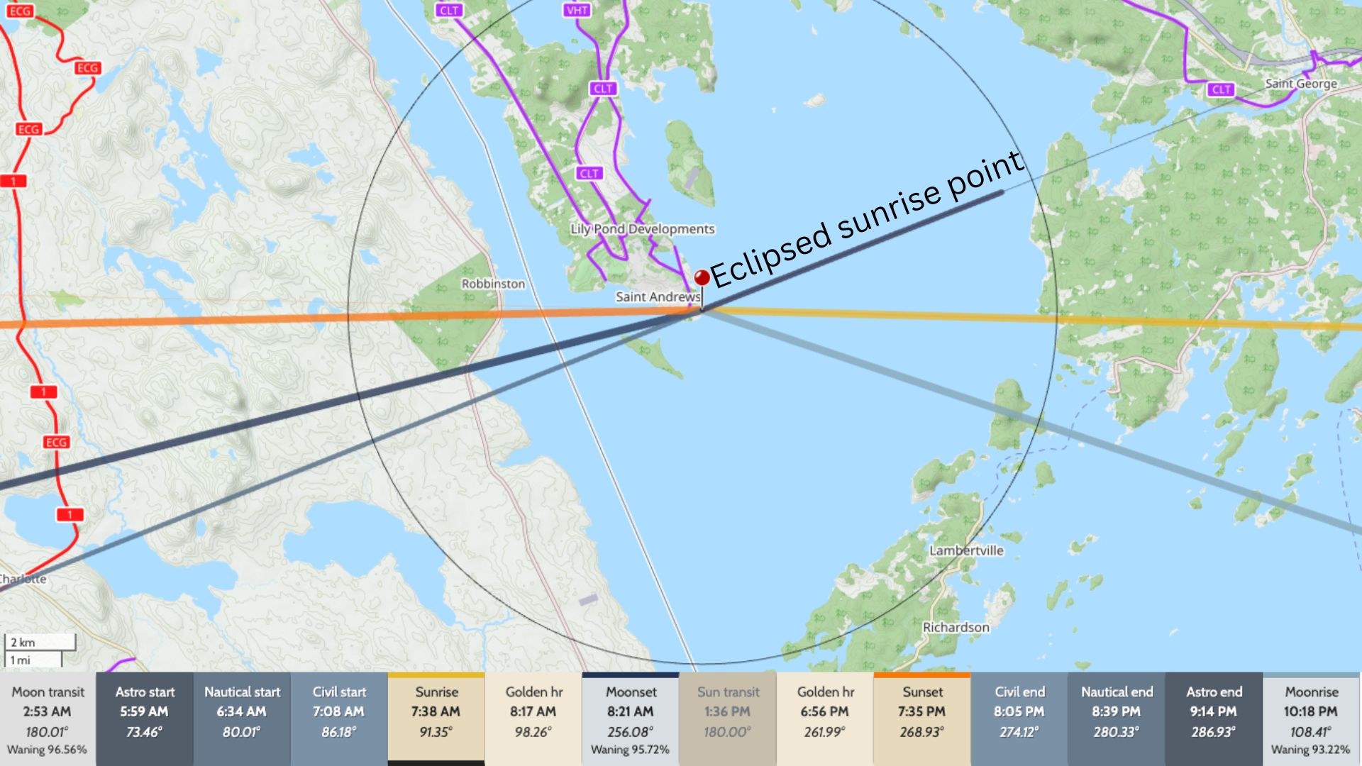 map showing the sunrise location and where the eclipsed sunrise point is, as well as local timings for sunrise, golden hour, moonset etc.