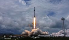 A SpaceX Falcon 9 rocket carrying the Dragon CRS-22 cargo ship for NASA launches toward the International Space Station from Pad 39A of the Kennedy Space Center in Cape Canaveral, Florida on June 3, 2021.