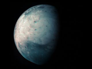 An infrared view of Jupiter's moon Ganymede captured by NASA's Juno spacecraft in 2021.