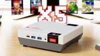 ACEMAGIC Retro X5 mini PC on woodgrain desk with X5 text above and blurred NES box art in backdrop.