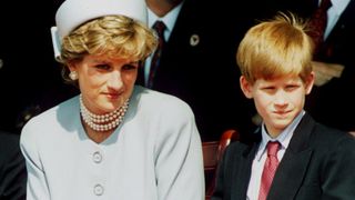 Princess Diana, Princess of Wales with her sons Prince William and Prince Harry attend the Heads of State VE Remembrance Service in Hyde Park on May 7, 1995 in London, England.