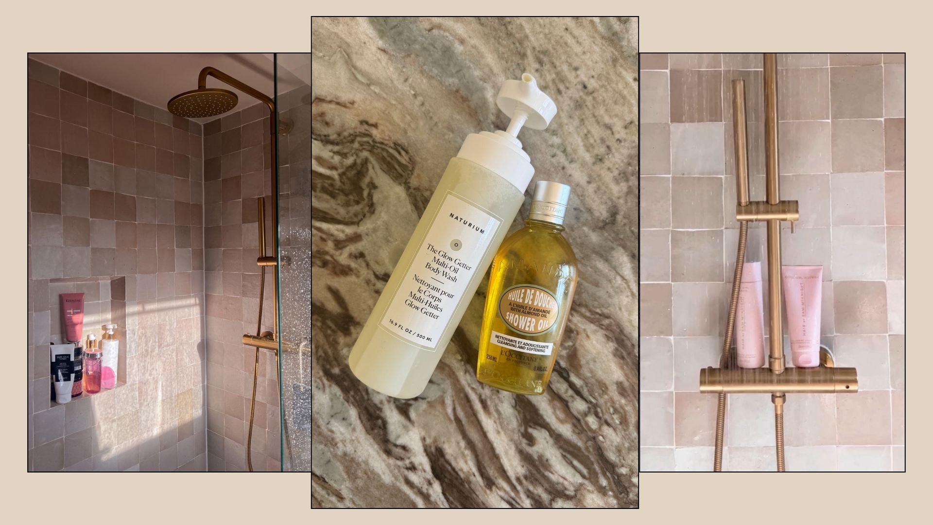 A collage of shower interiors with shower oil products