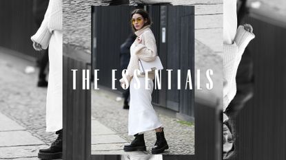 The Essentials text overlayed over a photo of a woman wearing a slip skirt