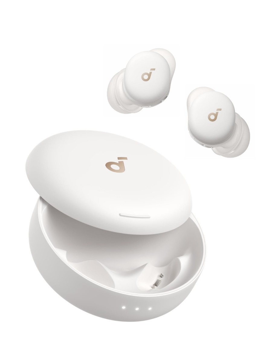 The Soundcore a30 Sleep Earbuds case and earbuds, against a white background