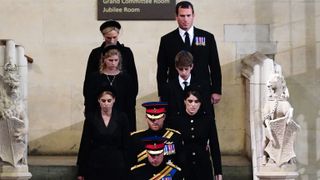 Prince William, Prince Harry, Princess Eugenie, Princess Beatrice, Peter Phillips, Zara Tindall, Lady Louise Windsor and James, Earl of Wessex arrive to hold a vigil in honour of Queen Elizabeth II at Westminster Hall on September 17, 2022