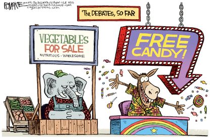Political cartoon U.S. Democrat Republican debates