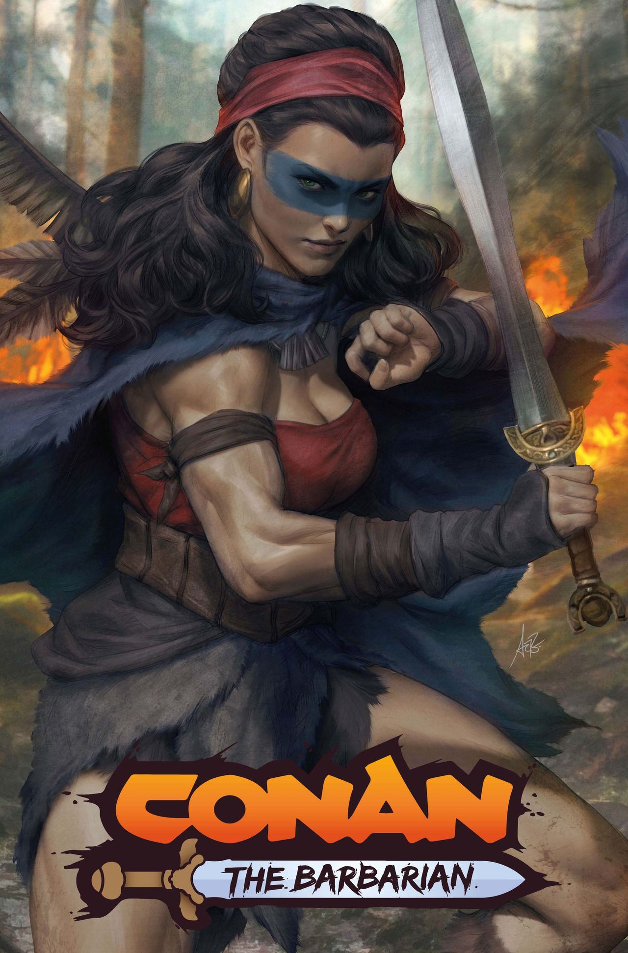 A female warrior raises her sword.
