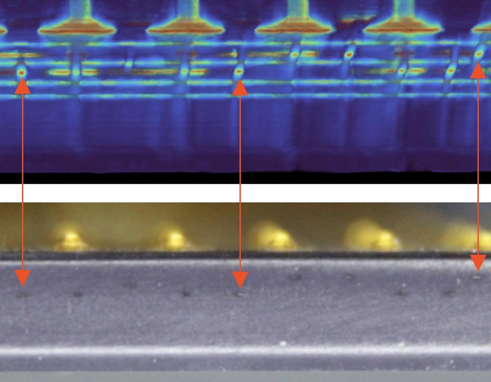 A close-up of the side of the package compared to the CT scan, showing the edge contacts