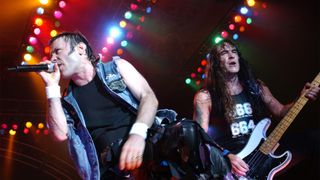 Bruce Dickinson and Steve Harris of Iron Maiden during Iron Maiden in Concert at Long Beach Arena on August 25, 2003 at Long Beach Arena in Long Beach, California, United States. 