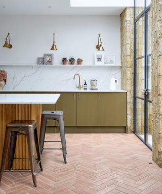 Marlborough parquet tiles by ca Pietra in a herringbone pattern on a kitchen floor