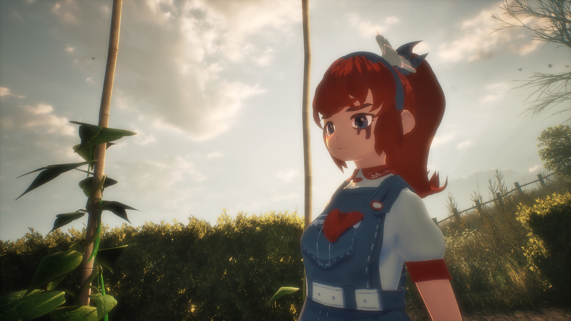 Fractured Blooms screenshot showing Angie, a red haired girl with a red tear stain under eyes