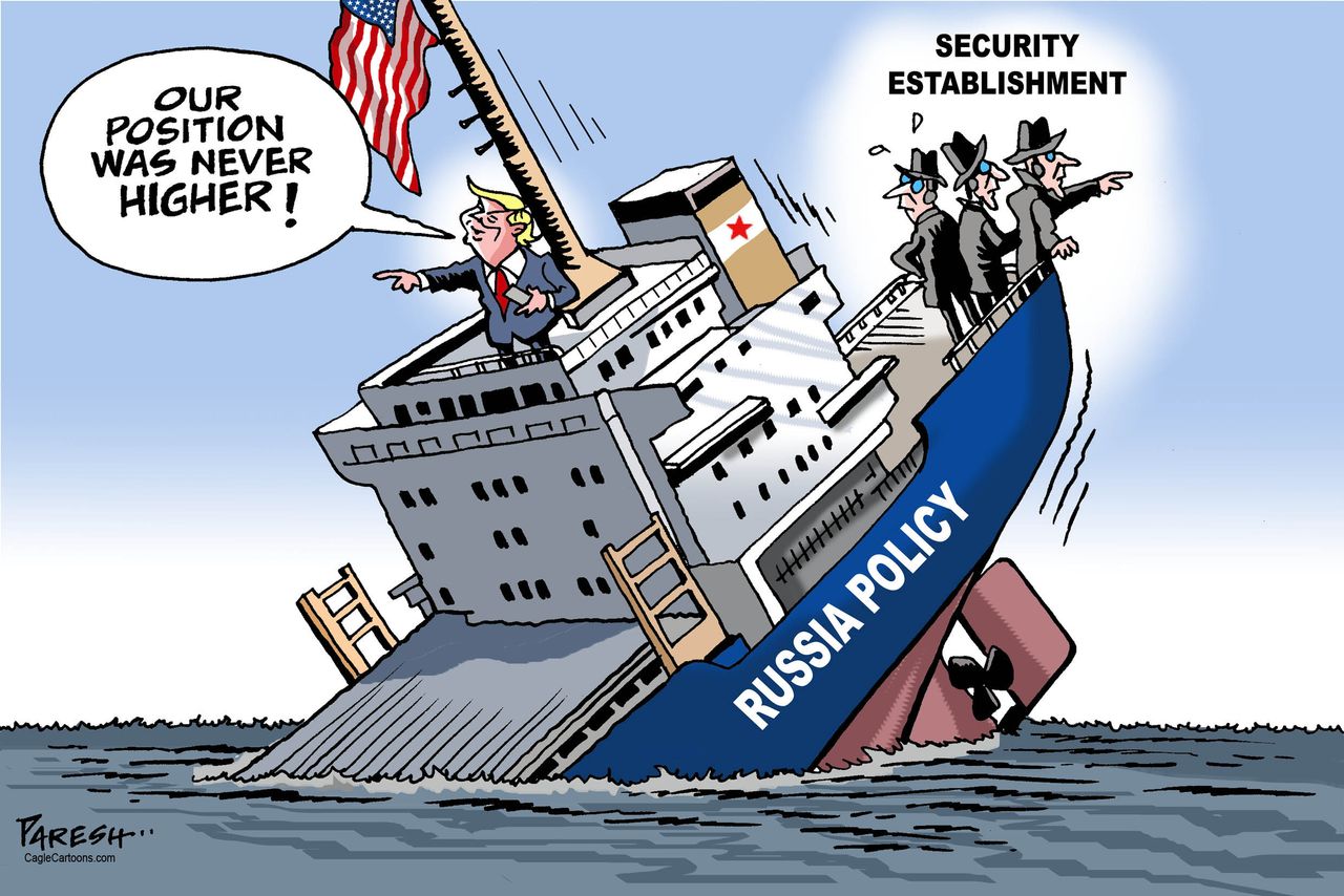 Political cartoon World Trump Russia policy sinking ship Putin security establishment