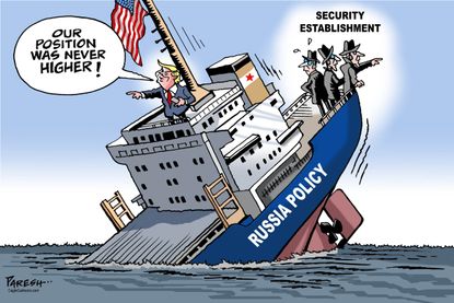 Political cartoon World Trump Russia policy sinking ship Putin security establishment