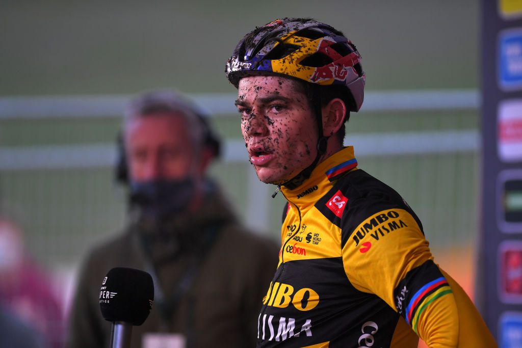 BOOM BELGIUM DECEMBER 06 Arrival Wout Van Aert of Belgium and Team JumboVisma Interview during the 6th Superprestige Cyclocross Boom 2020 Men Elite De Schorre Boom Superprestige2021 SPBoom SuperprestigeCX on December 06 2020 in Boom Belgium Photo by Luc ClaessenGetty Images