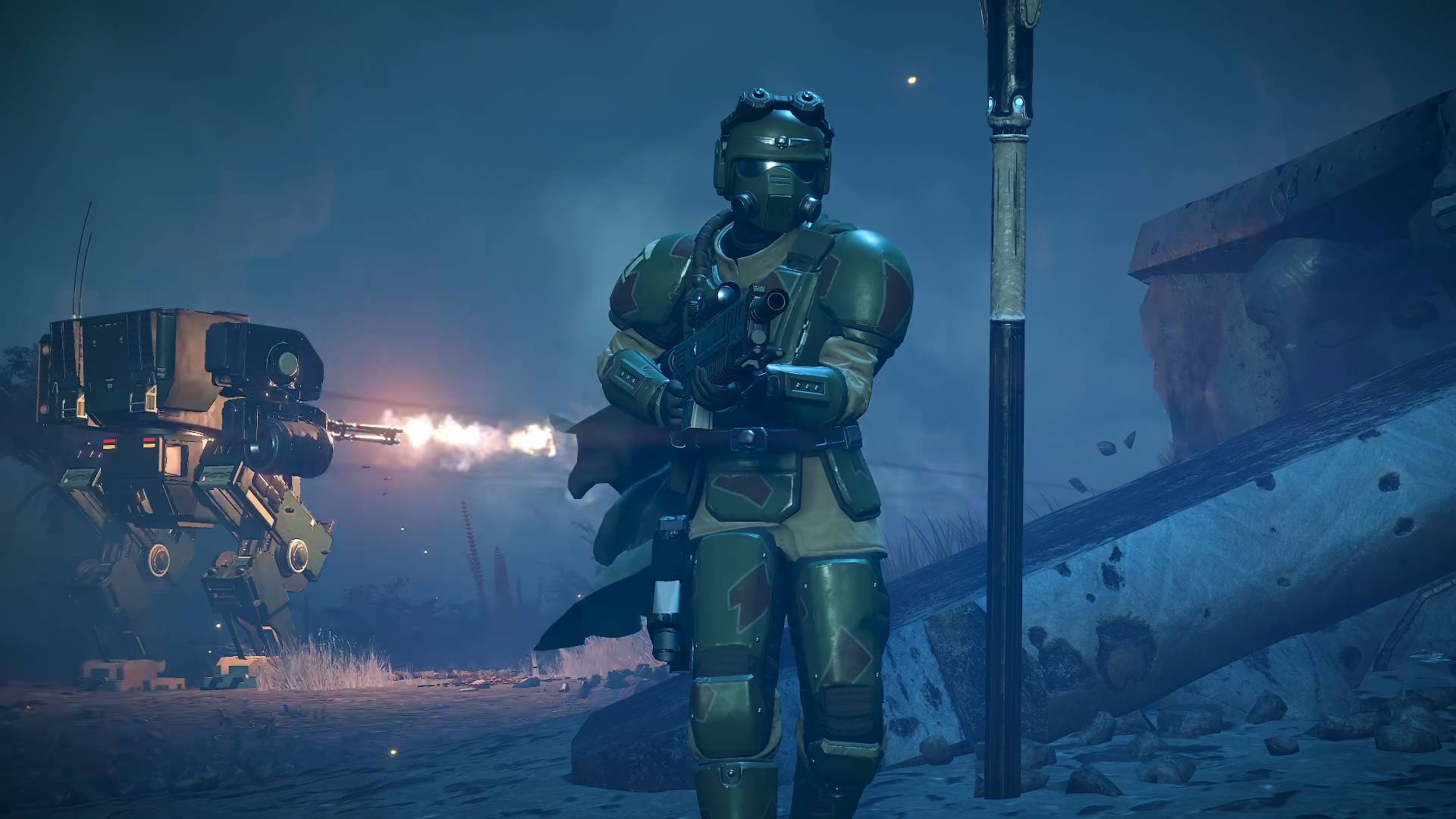Helldivers 2 Warhammer 40,000 crossover Warbond sharpshooter trooper holding a hot shot rifle at the hip with an exosuit firing guns in the background