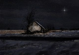 Scene of an old barn in snow under a starry night sky with a single, extra-bright star. 