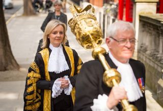 The new Lord Chancellor Liz Truss, the first woman ever to hold the role, arrives at the Judge's entrance to the Royal Courts of Justice, in central London before being installed.