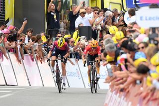 RODEZ, FRANCE - JULY 26: (L-R) Demi Vollering of The Netherlands - Pink UCI Womenâ€™s WorldTour Leader Jersey and Team SD Worx - Protime and Anouska Koster of The Netherlands and Team Uno-X Pro Cycling Team sprint at finish line during the 2nd Tour de France Femmes 2023, Stage 4 a 177.1km stage from Cahors to Rodez 572m / #UCIWWT / on July 26, 2023 in Rodez, France. (Photo by Alex Broadway/Getty Images)