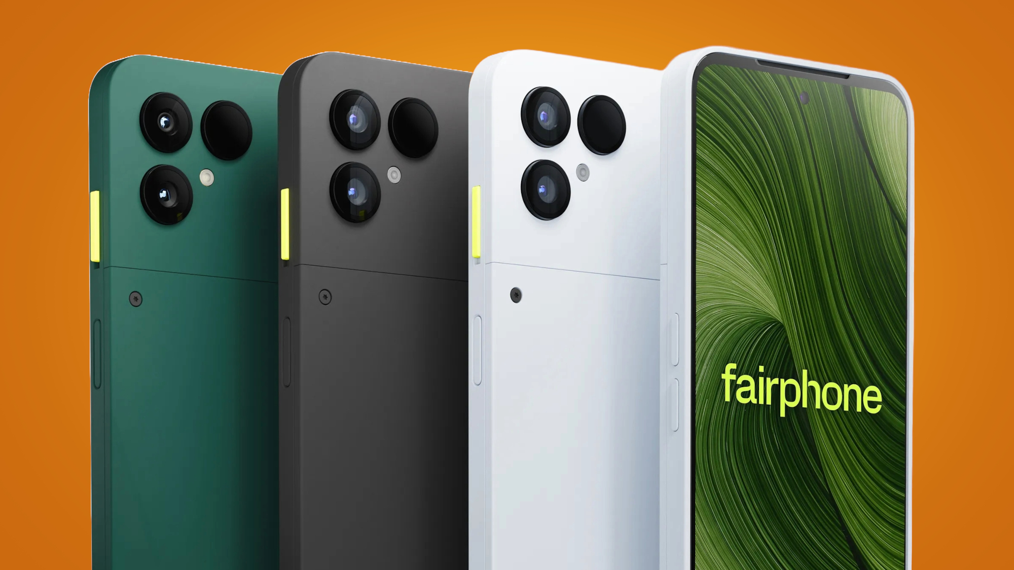 The Fairphone 6 series on an orange background