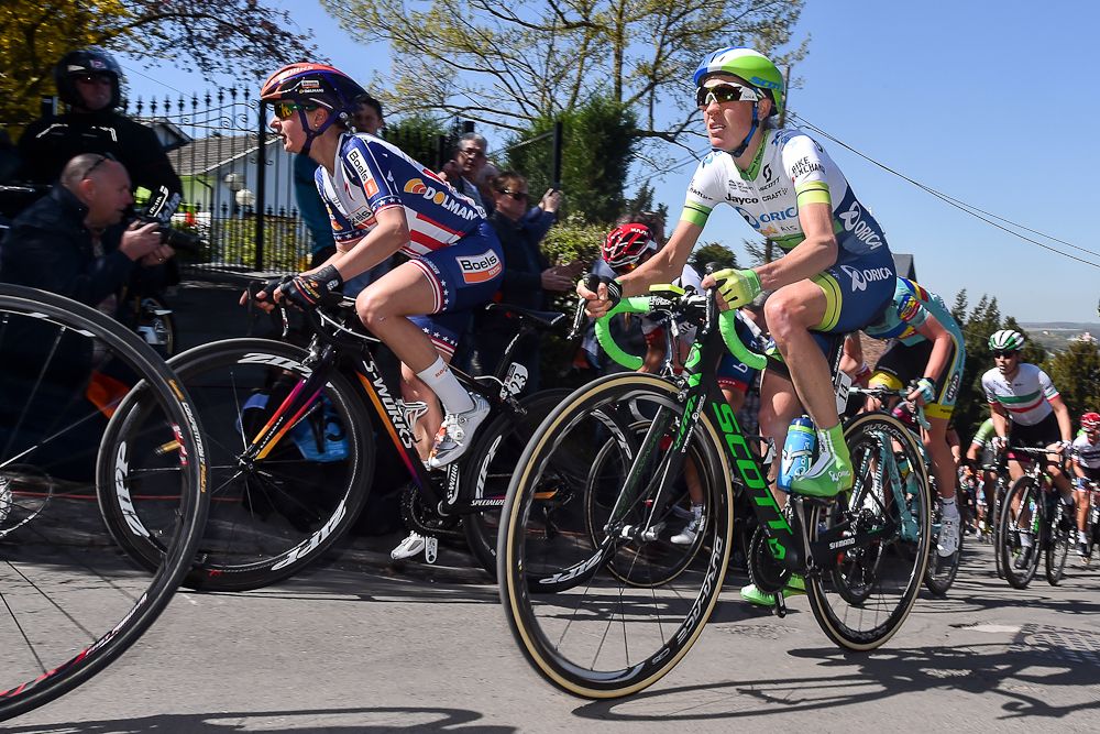 Rachel Neylan and Megan Guarnier (L) go up the Mur de Huy hill during Fleche Wallonne