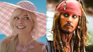Margot Robbie in Barbie and Johnny Depp as jack Sparrow, each giving a side-eye look