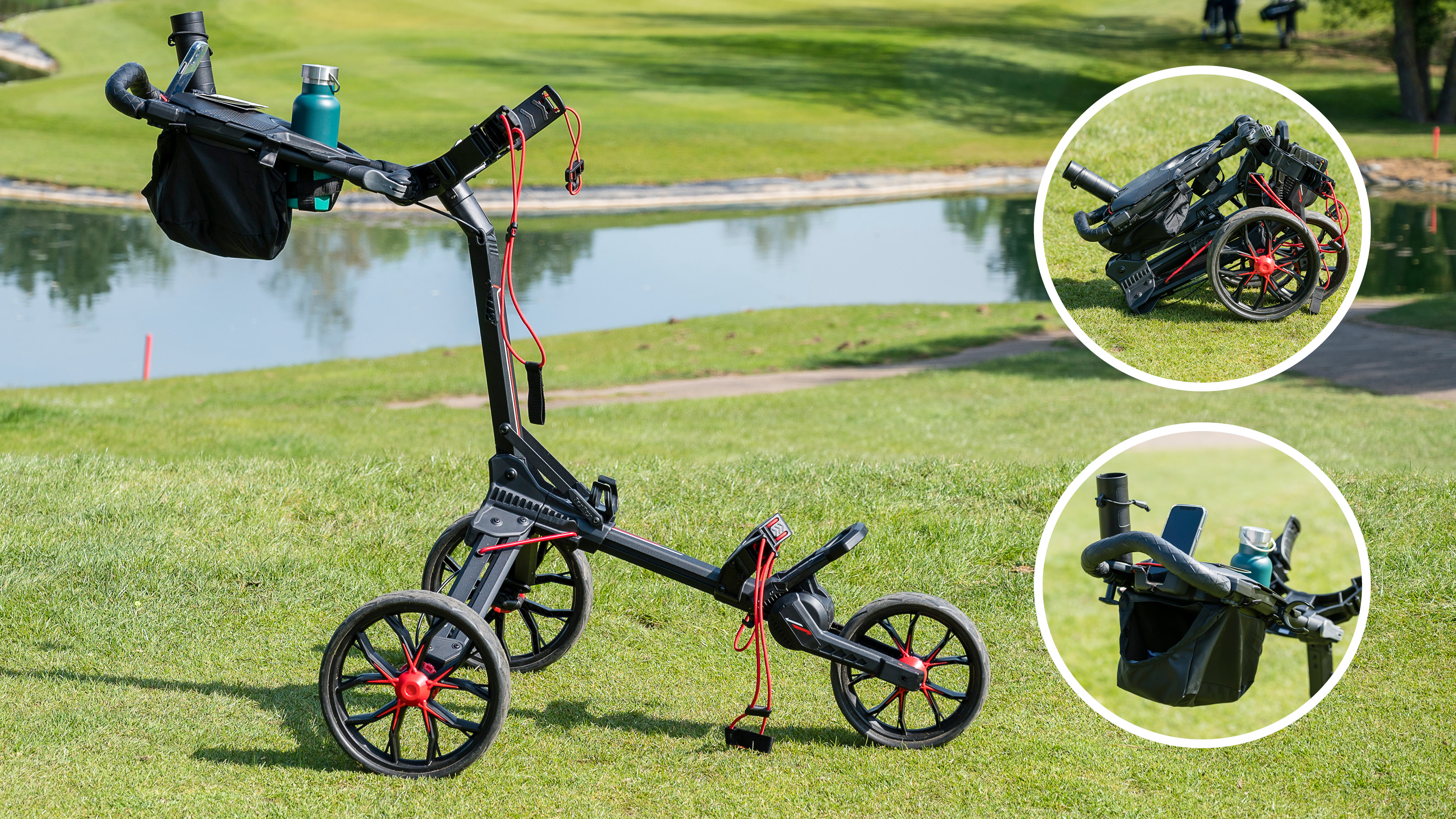 The Bag Boy Nitron Push Cart with images of it in circles