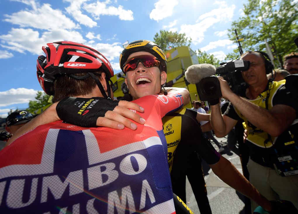 Wout van Aert celebrates winning stage 10 at the Tour de France