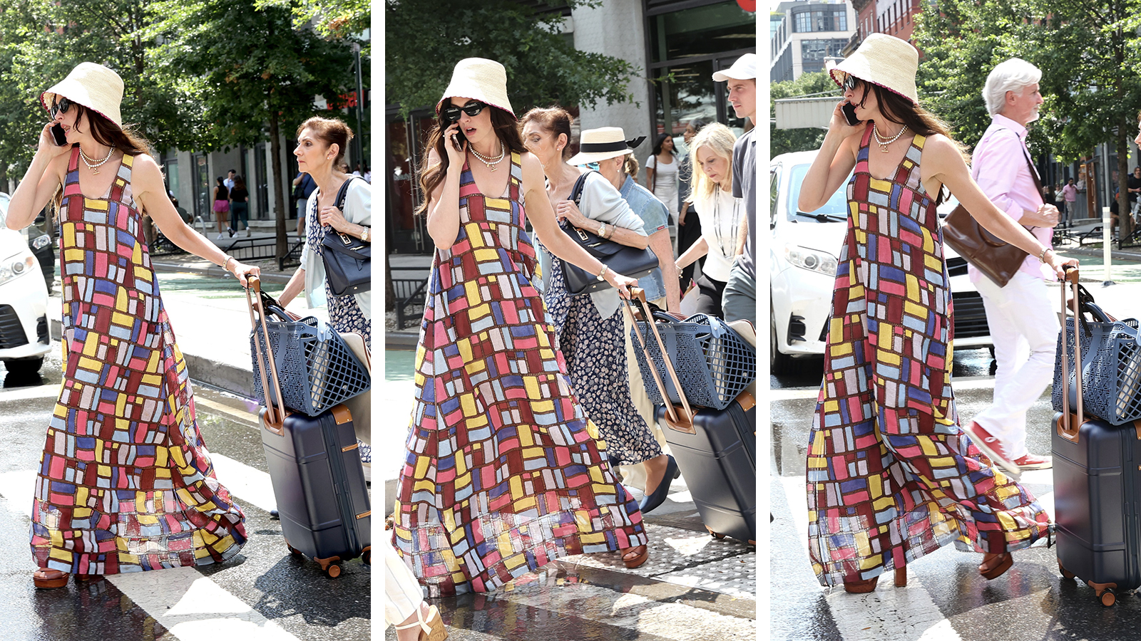 Anne Hathaway on set in NYC for The Devil Wears Prada 2 wearing a colourful dress and straw hat