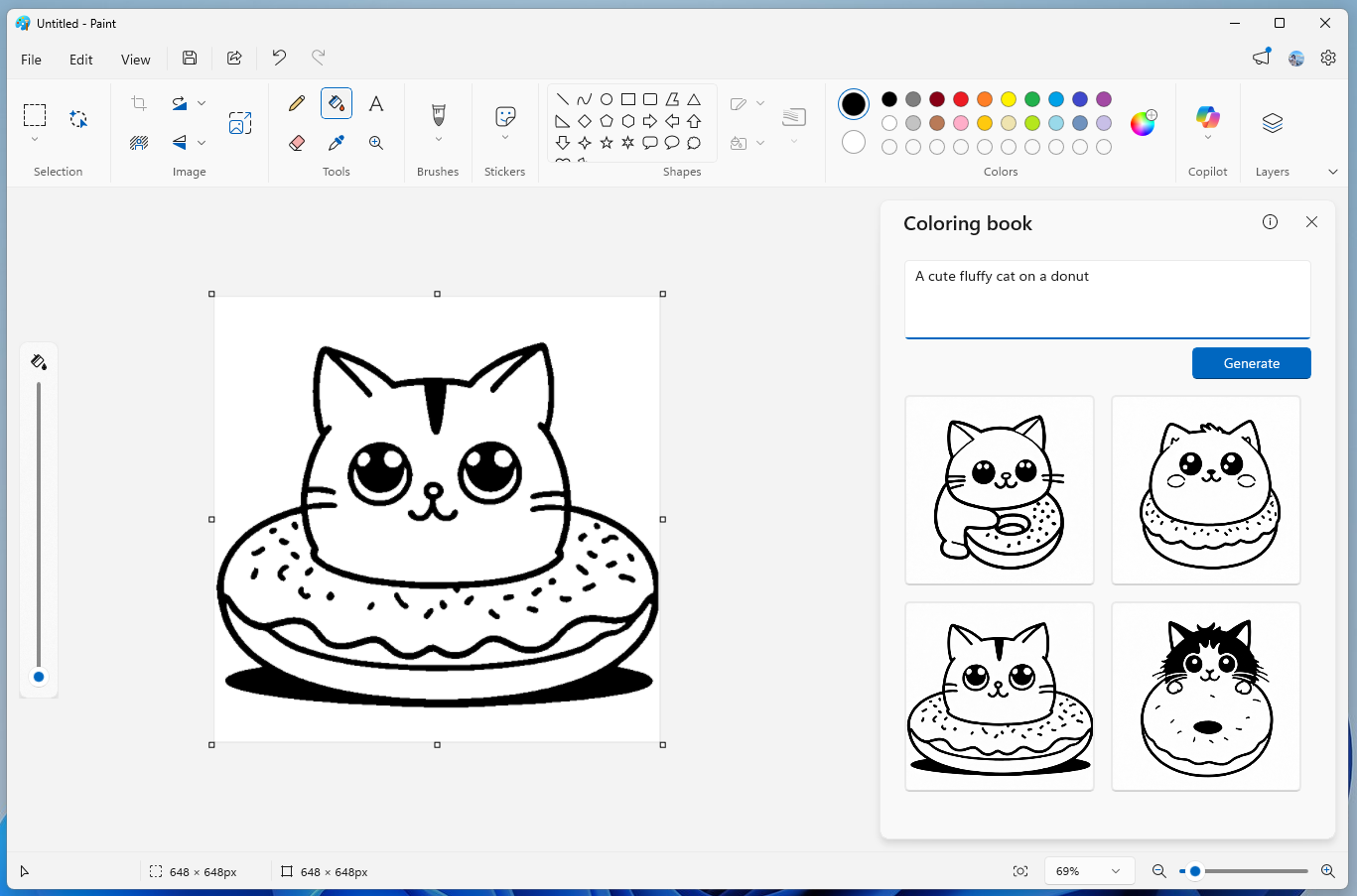 Color Book mode in Paint, showing an outline of a cat generated with the description "A cute fluffy cat on a donut"