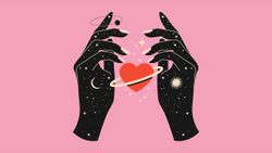 two hands with stars and moon with a heart in between them on a pink background