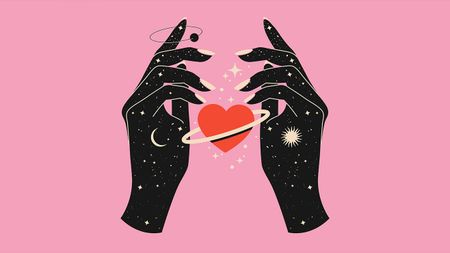 two hands with stars and moon with a heart in between them on a pink background