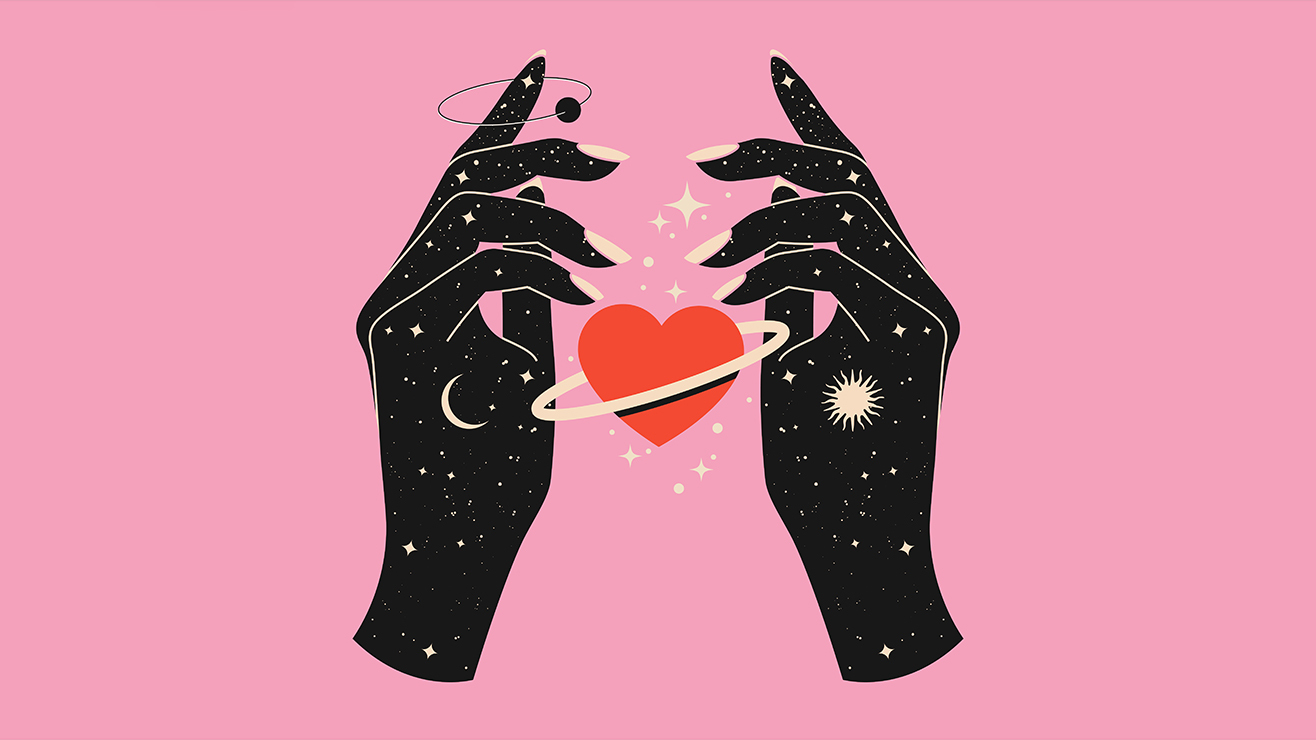 two hands with stars and moon with a heart in between them on a pink background
