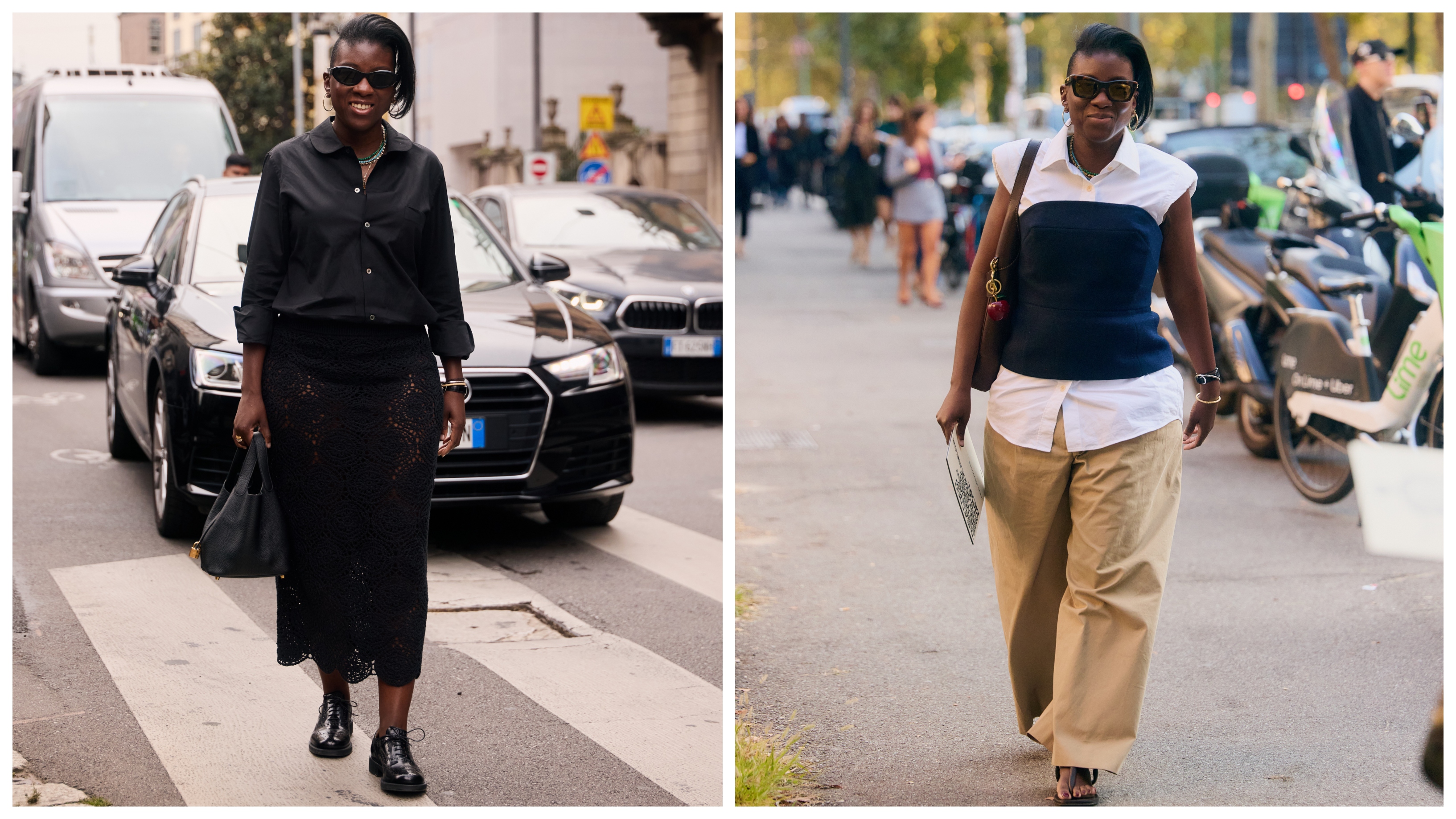 collage of nikki ogunnaike wearing capsule wardrobe pieces