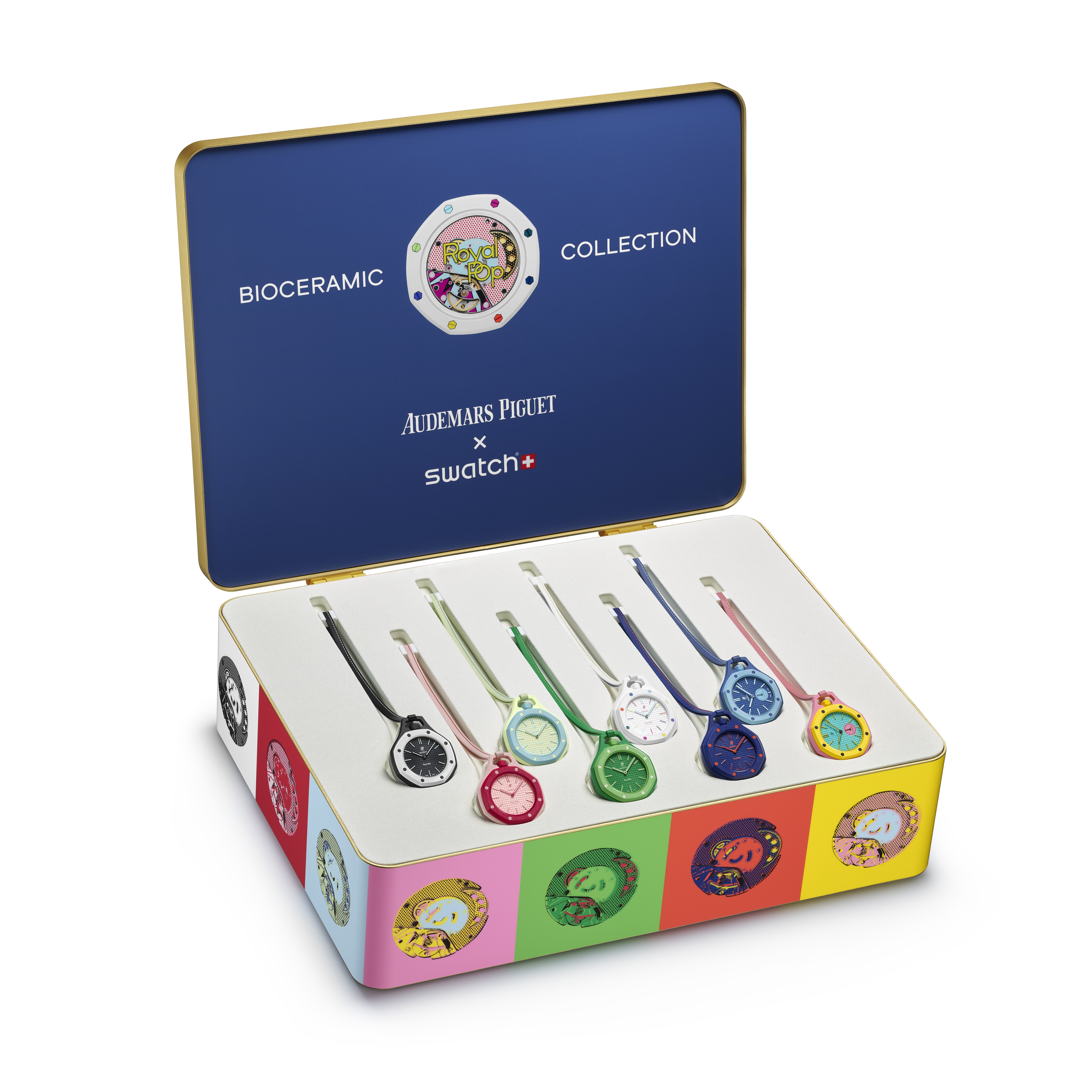 Brightly-coloured pocket watches in a presentation case