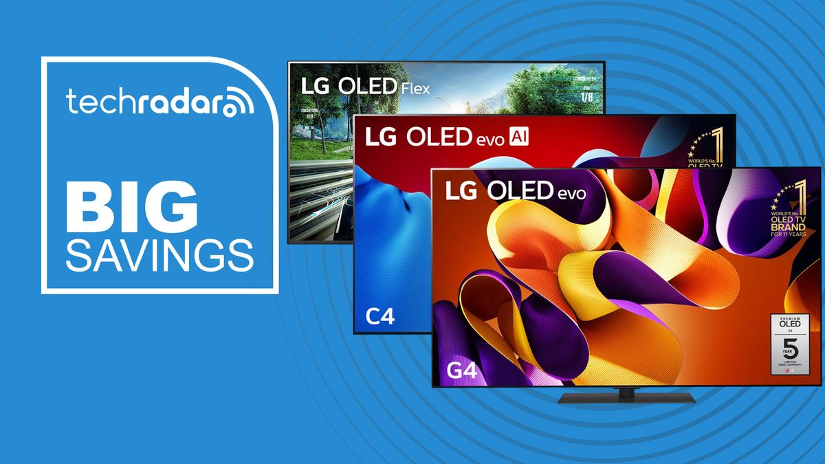 The LG OLED Flex, OLED C4 and OLED G4, from back to front, in front of a blue background