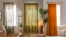 A trio of Urban Outfitters curtain lifestyle images including sheer chiffon voiles and semi sheer window treatments