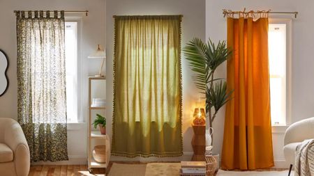 A trio of Urban Outfitters curtain lifestyle images including sheer chiffon voiles and semi sheer window treatments