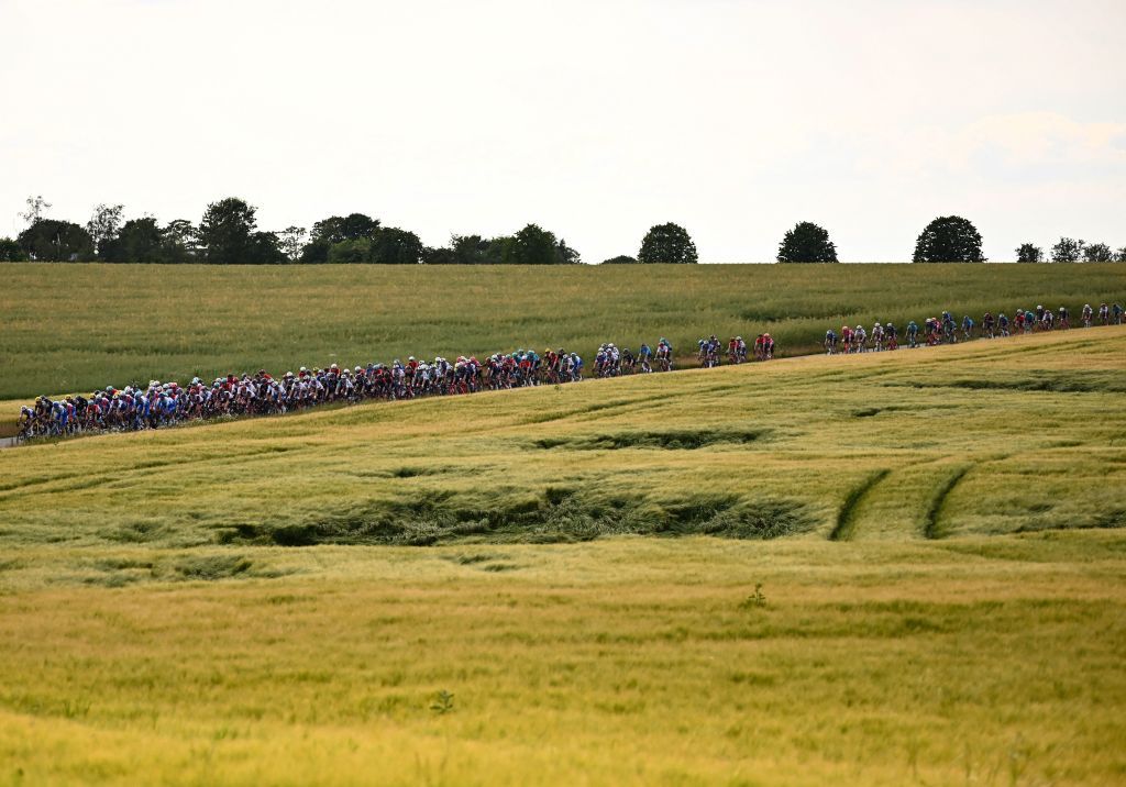 The pack of riders cycles past fields during the 2nd stage of the 109th edition of the Tour de France cycling race 2022 km between Roskilde and Nyborg in Denmark on July 2 2022 Photo by Marco BERTORELLO AFP Photo by MARCO BERTORELLOAFP via Getty Images