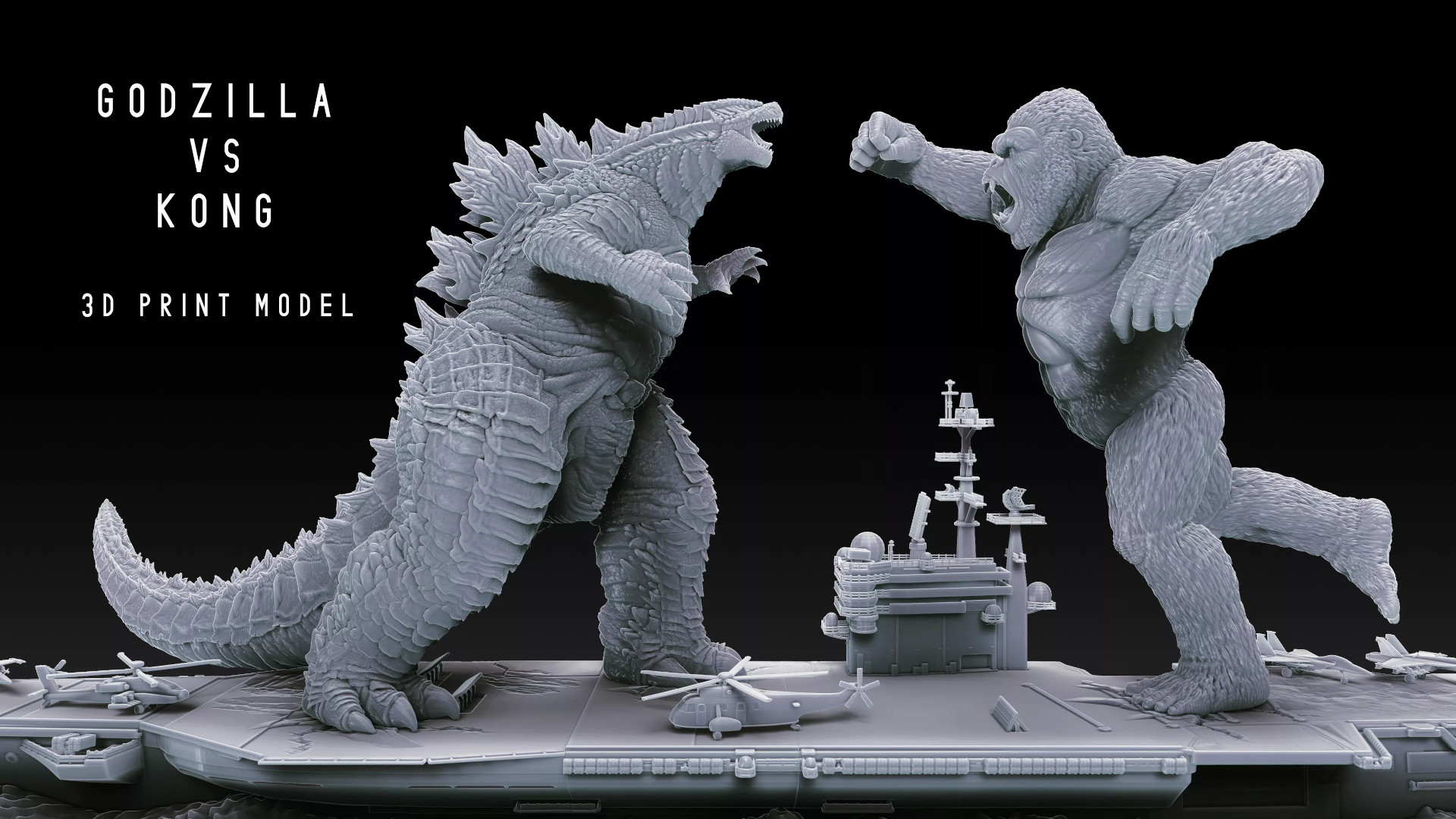 Diorama with 3D printed figurines of Godzilla fighting King Kong on an airship