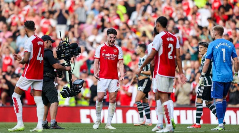 Declan Rice of Arsenal after his sides 3-1 win during the Premier League match between Arsenal FC and Manchester United at Emirates Stadium on September 03, 2023 in London, England. (Photo by Robin Jones/Getty Images)