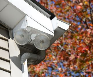 A security light under an eave with foliage in the background