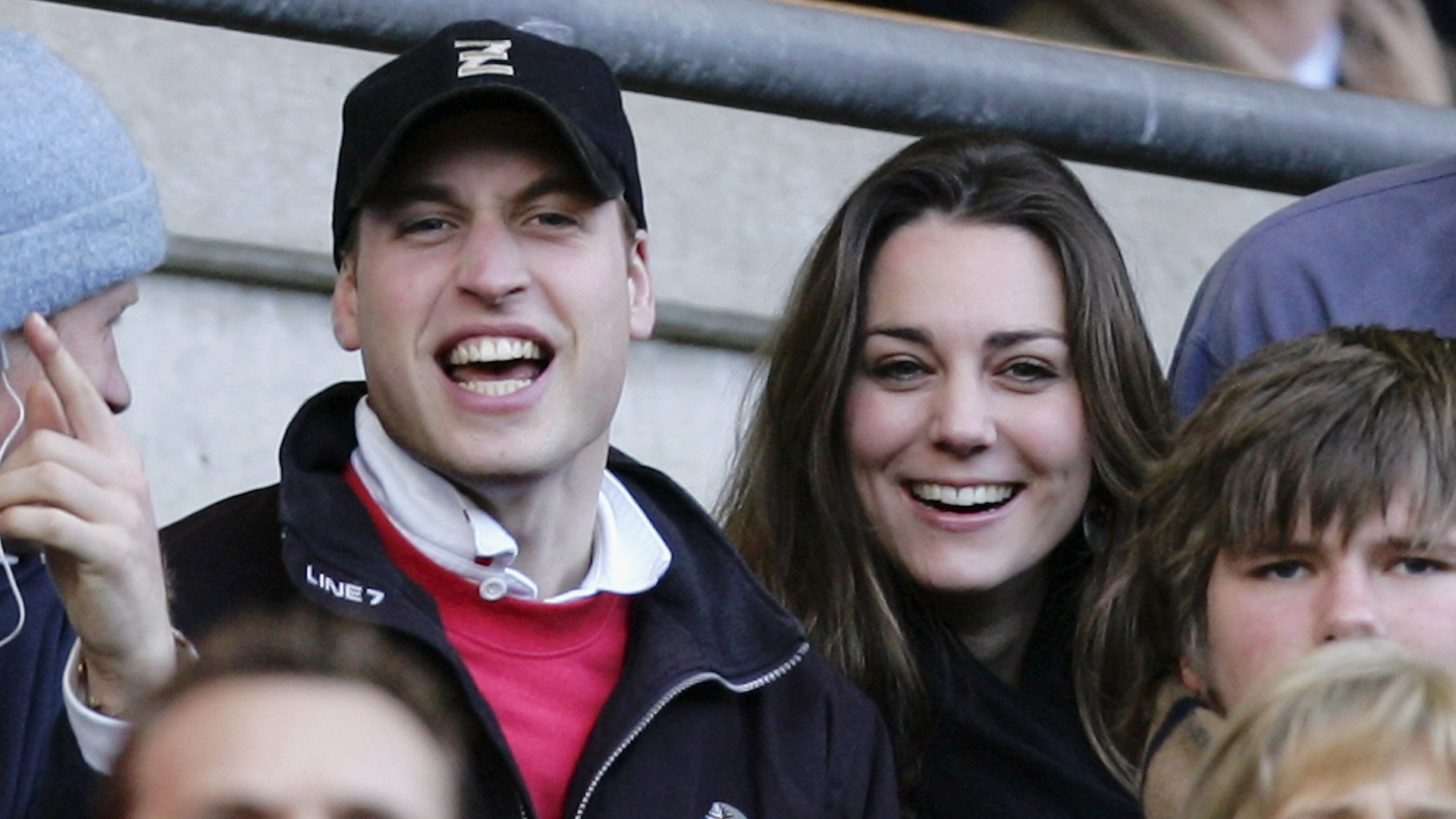 LONDON - FEBRUARY 10: Prince Harry (L) and Prince William (C) and Kate Middleton (R)cheer on the English team during the RBS Six Nations Championship match between England and Italy at Twickenham on February 10, 2007 in London, England. (Photo by Richard Heathcote/Getty Images)