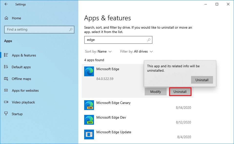 Microsoft Edge uninstall via Settings