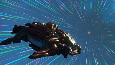 A ship in No Man's Sky warps toward a distant star