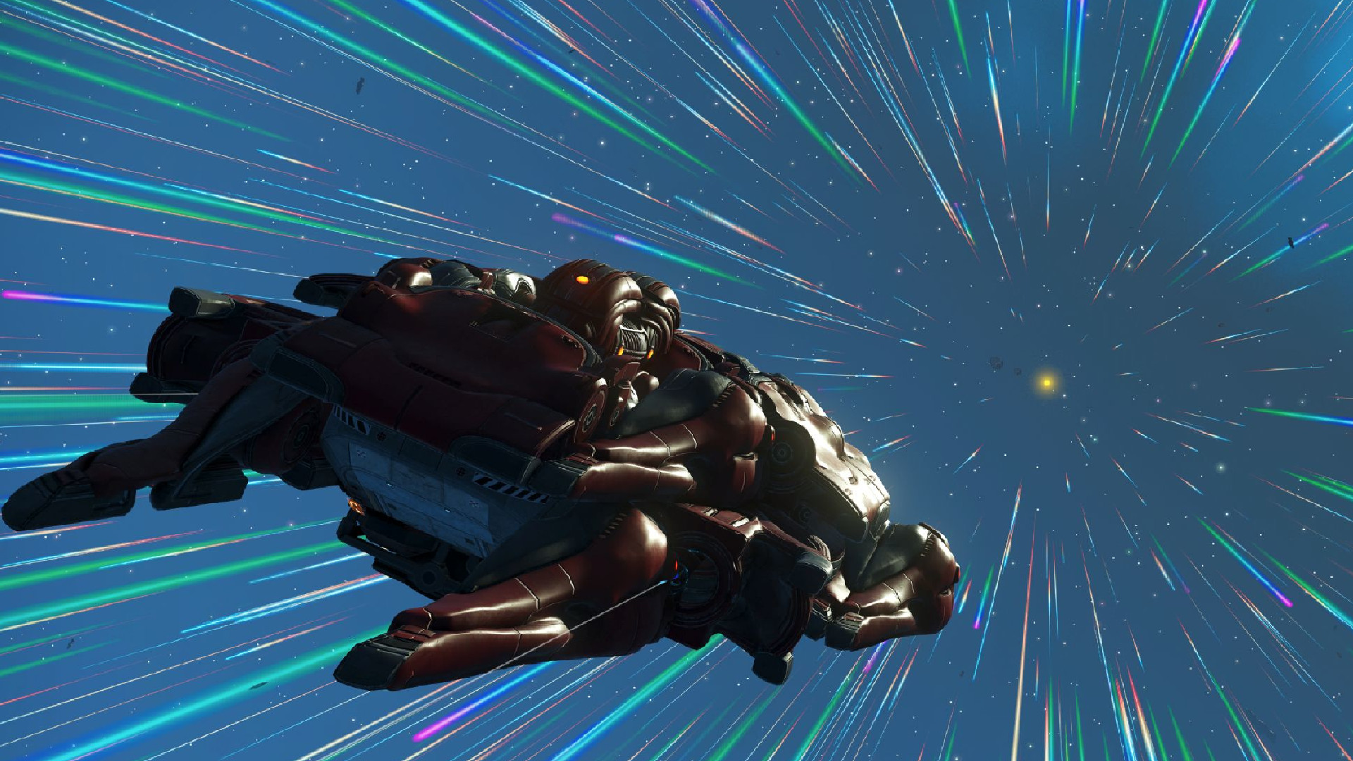 A ship in No Man's Sky warps toward a distant star