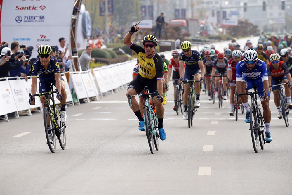 The moment that Dylan Groenewegen (LottoNl-Jumbo) realises he has won