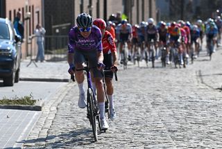 WAREGEM BELGIUM APRIL 02 LR Kelland OBrien of Australia and Team Jayco AlUla and Arjen Livyns of Belgium and Team Lotto compete in the chase group during the 79th Dwars Door Vlaanderen 2025 Mens Elite a 1842km one day race from Roeselare to Waregem UCIWT on April 02 2025 in Waregem Belgium Photo by Tim de WaeleGetty Images