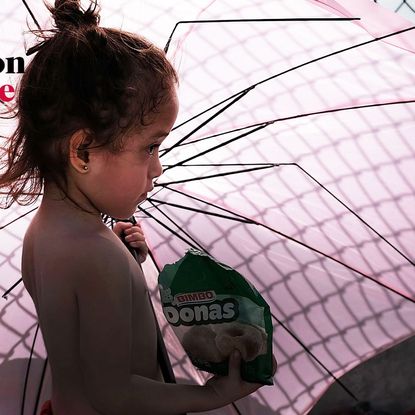 Umbrella, Pink, Human, Organism, Fashion accessory, Child, Black hair, Smile, 