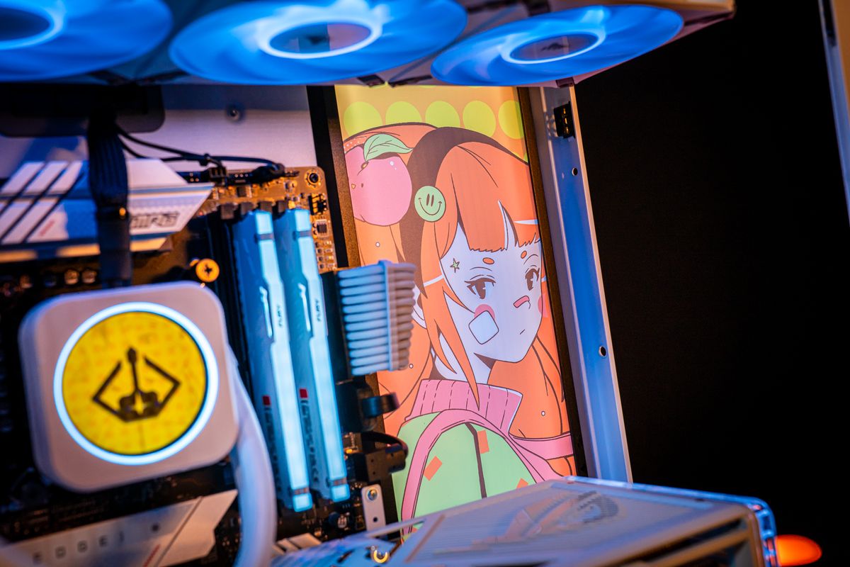 Dunkin's themed PC covered in anime girls.