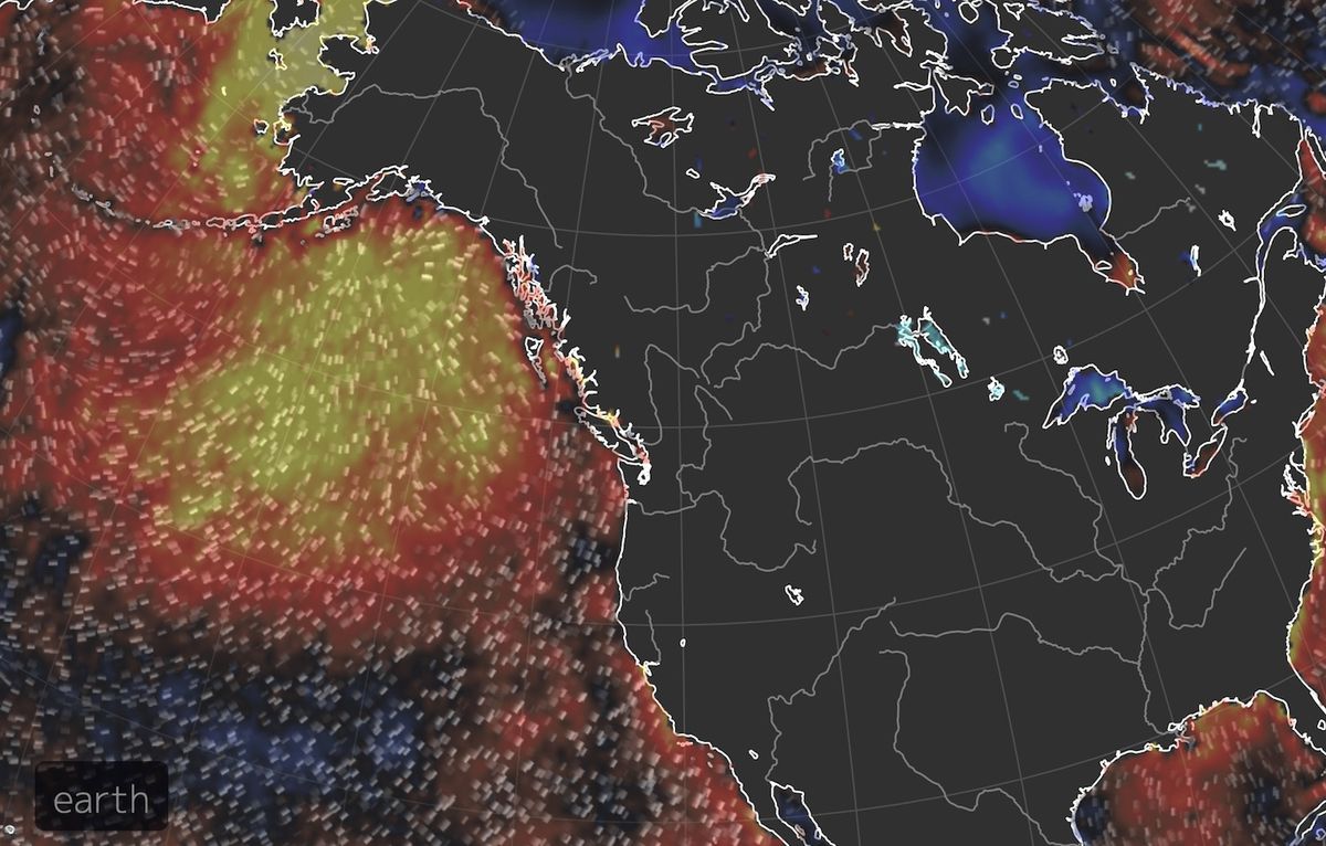 This image shows recent warmer than average (warmer colors) ocean temperatures near Alaska corresponding to the &quot;Blob.&quot;